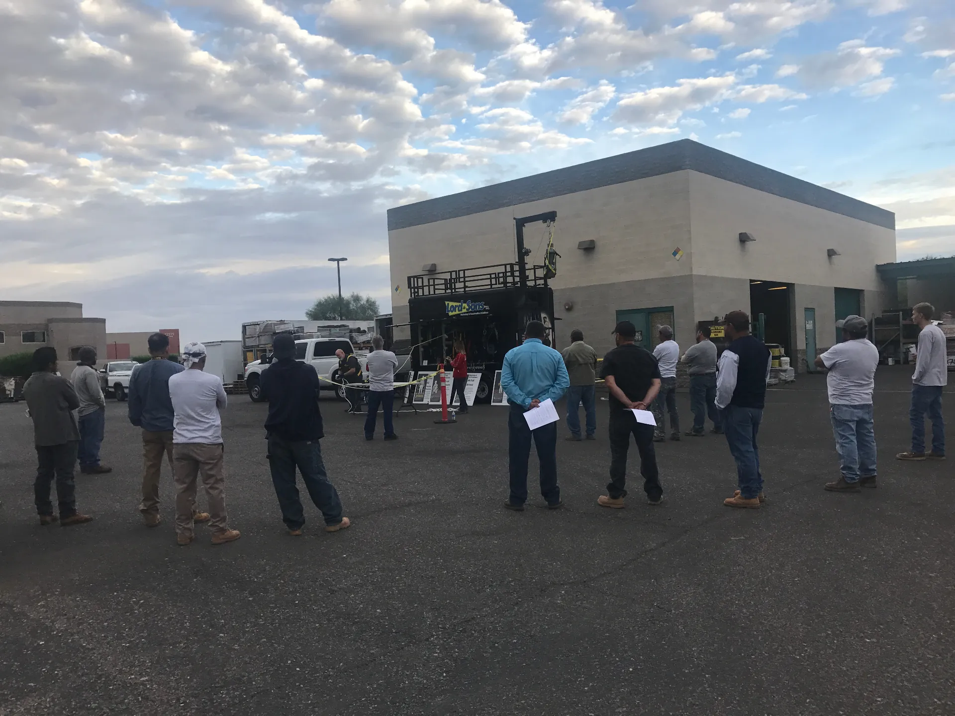 KY-KO Roofing crew gathered at the company yard for a fall-protection safety training session.