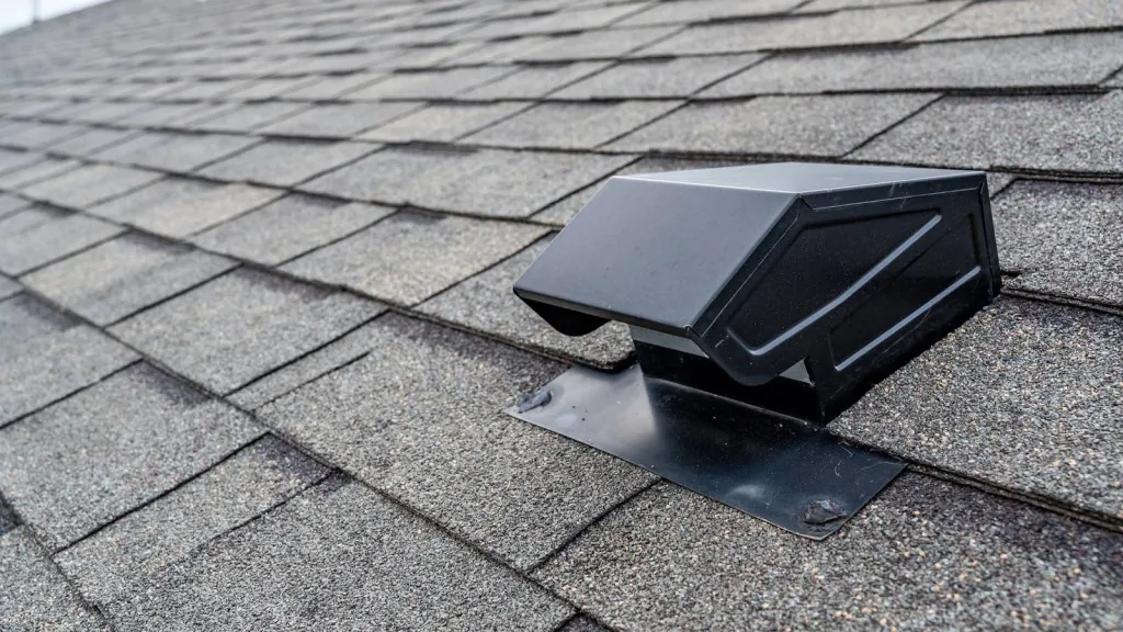 A black roof vent installed on a shingle roof.